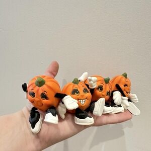 VTG Set 4 Anthropomorphic Pumpkin Shelf Sitter Ceramic Halloween Kitsch Trinket